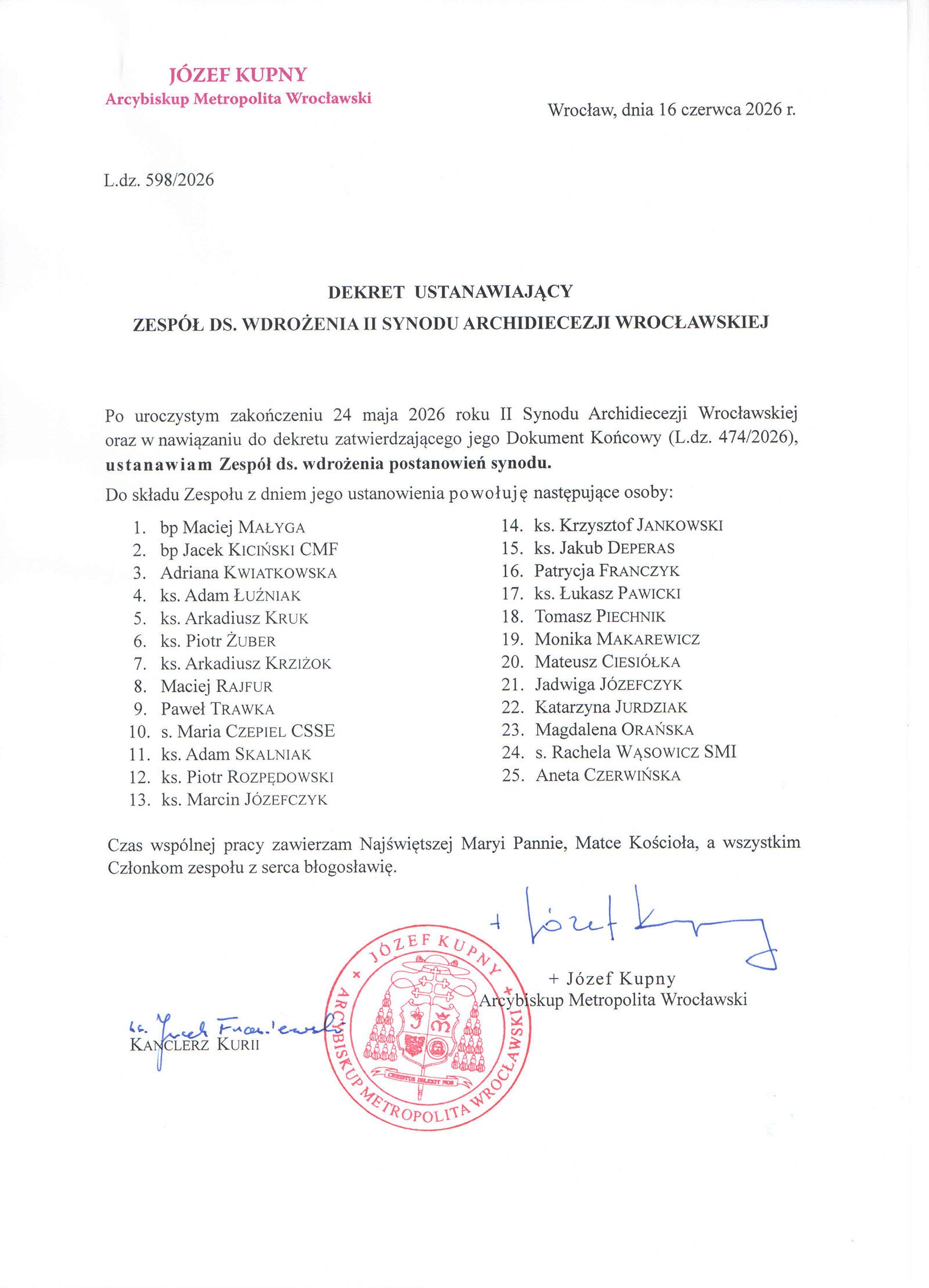 Dekret ustanawiający Zespół ds. wdrożenia Synodu