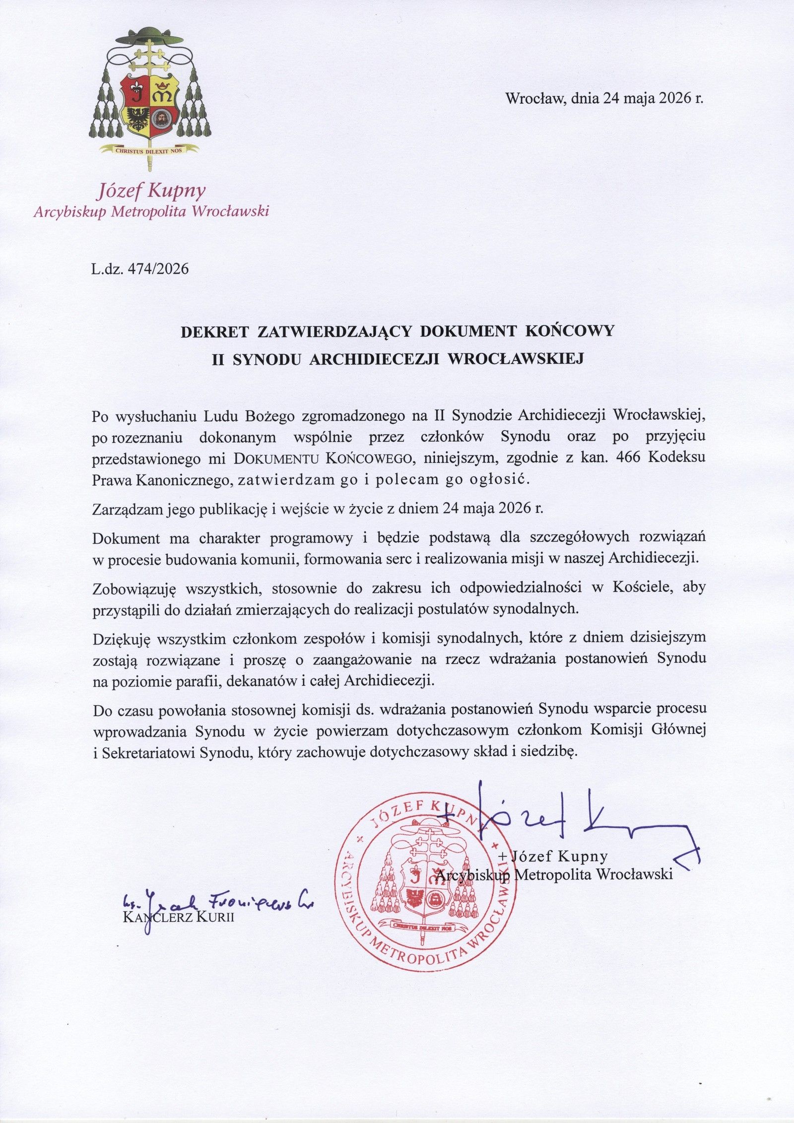 Dekret zatwierdzający dokument końcowy II Synodu Archidiecezji Wrocławskiej