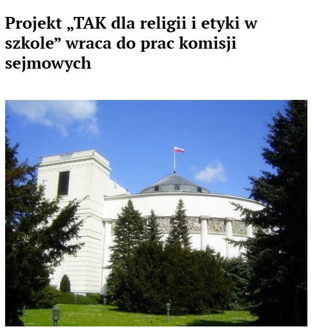 Projekt „TAK dla religii i etyki w szkole" wraca do prac komisji sejmowych