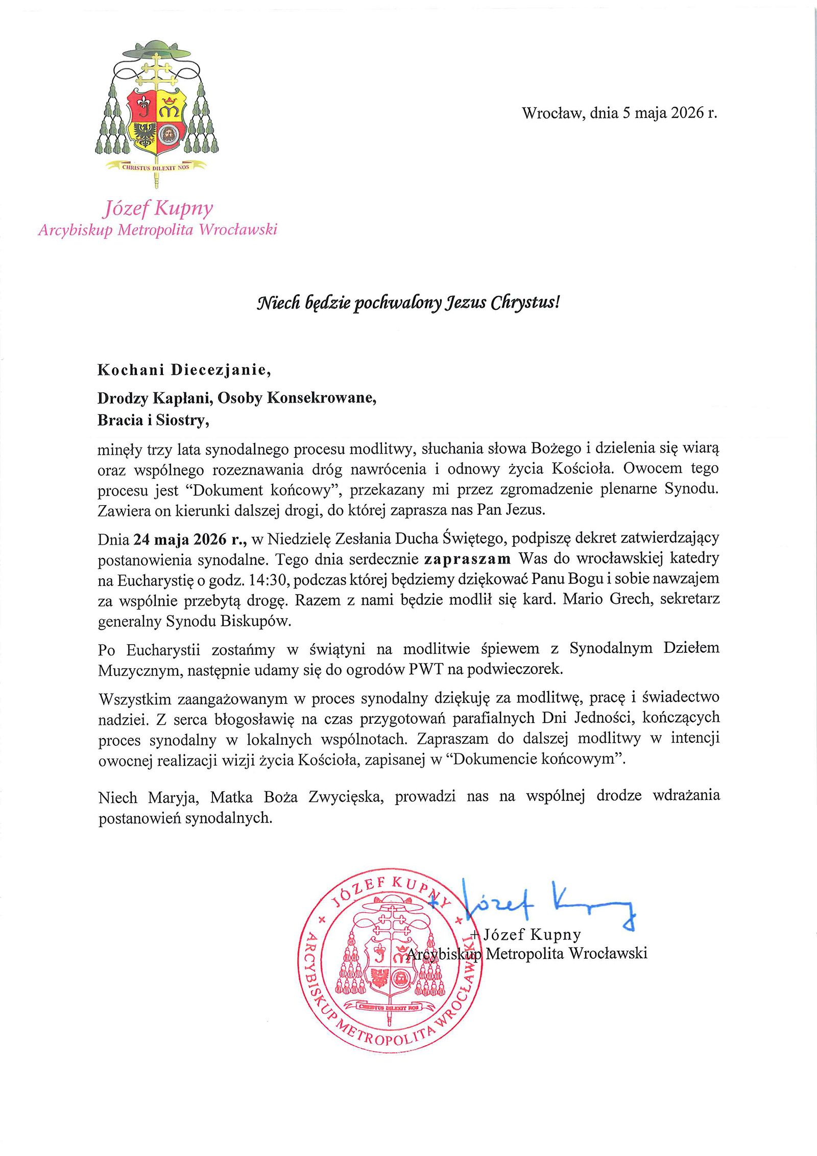 Zamknięcie Synodu Diecezjalnego - zaproszenie