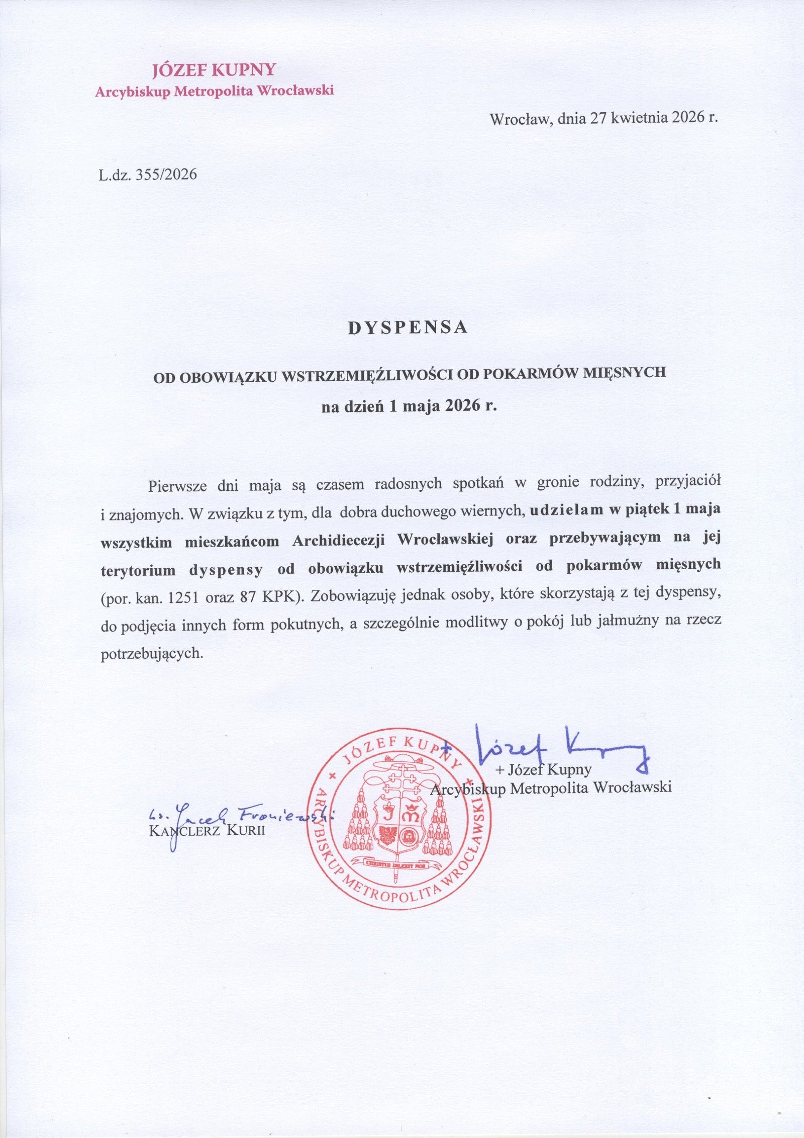 Dyspensa na dzień 1 maja 2026 r.