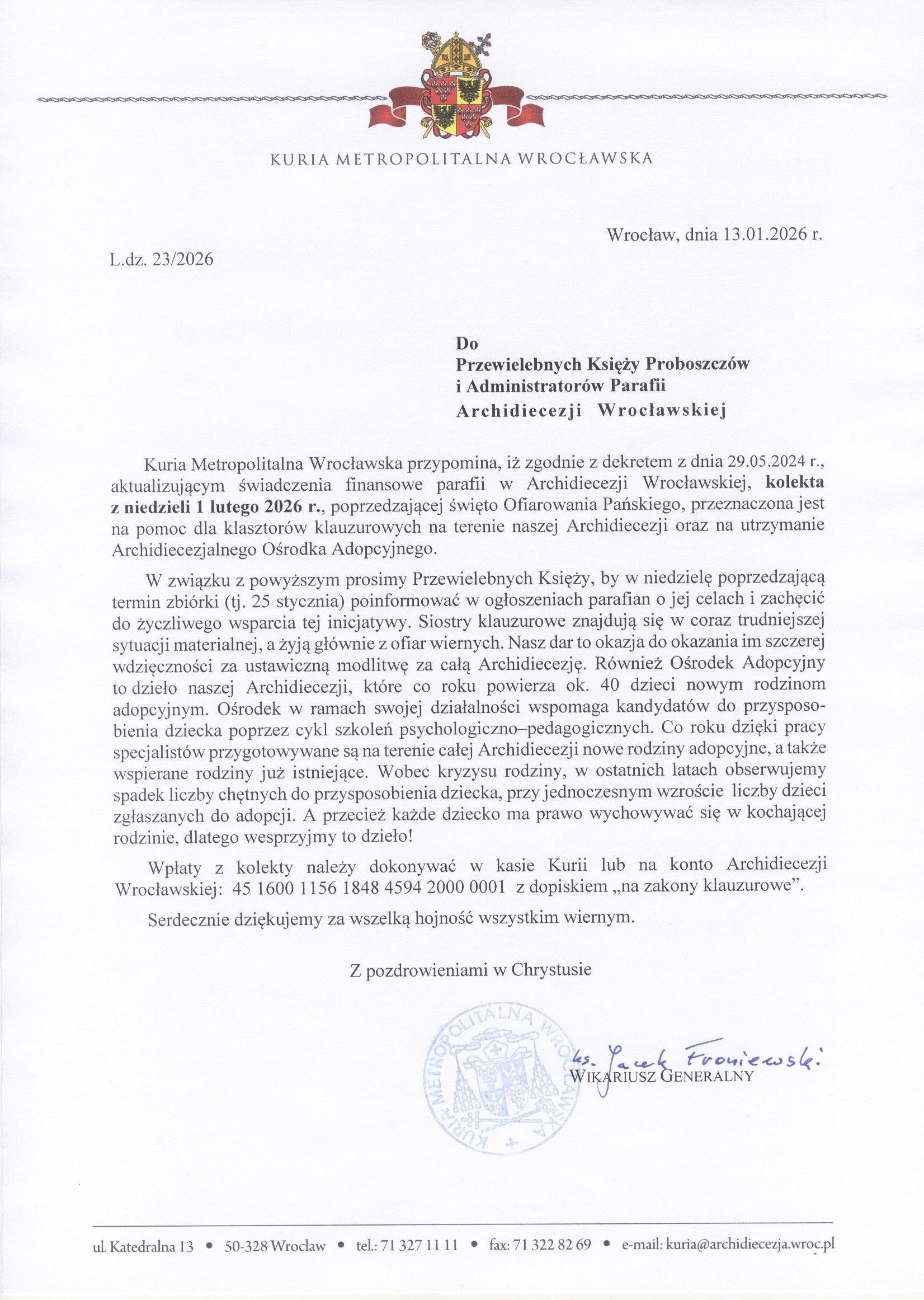 KOMUNIKATY WYDZIAŁU DUSZPASTERSKIEGO - 16.01.2026 r.