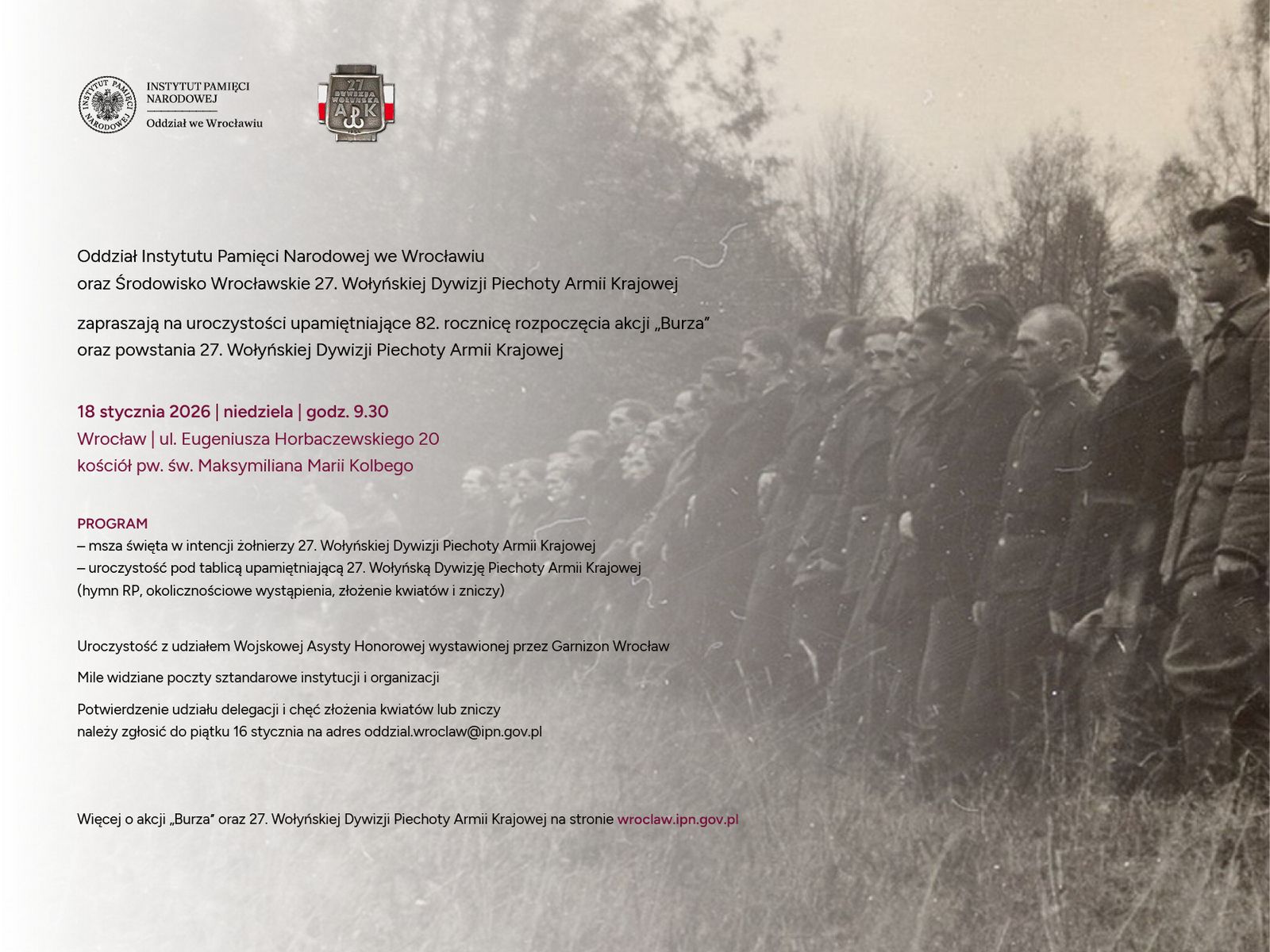 Zaproszenie na wrocławskie obchody 82. rocznicy rozpoczęcia akcji "Burza" oraz powstania 27. Wołyńskiej Dywizji Piechoty Armii Krajowej