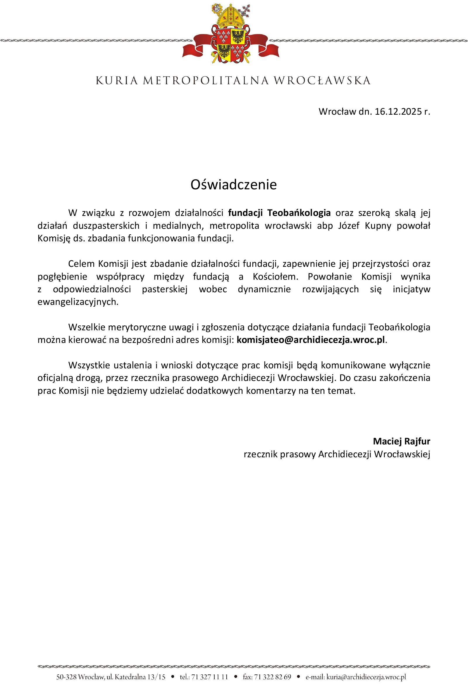 Fundacja Teobańkologia - oświadczenie