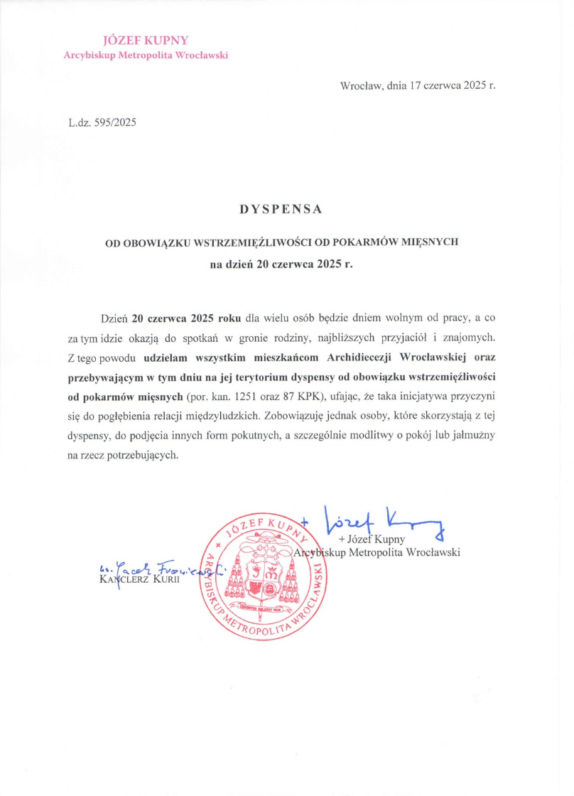 Dyspensa na dzień 20 czerwca 2026 r.