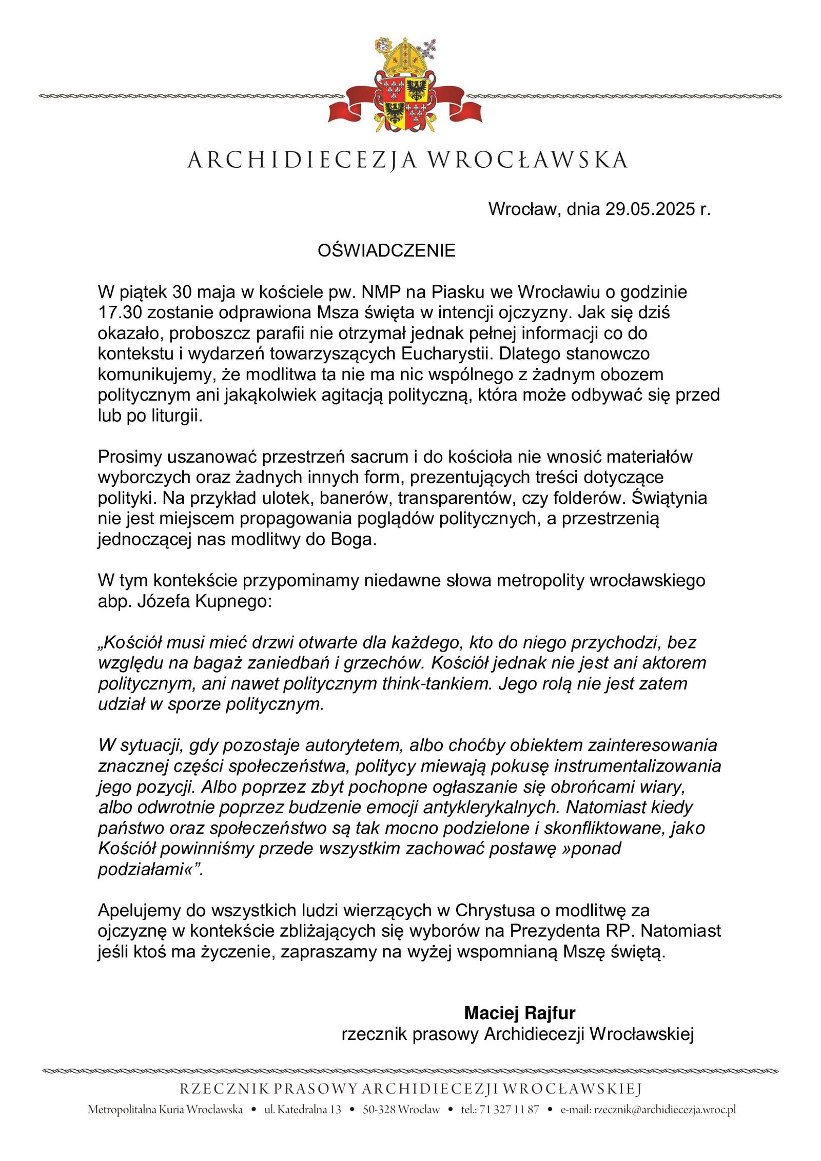 Oświadczenie rzecznika prasowego