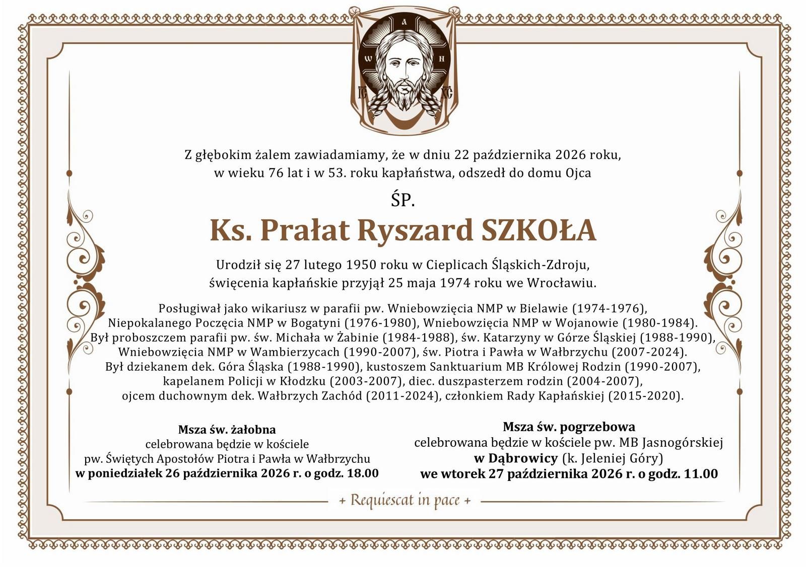 Ks. Ryszard Szkoła  - diecezja świdnicka